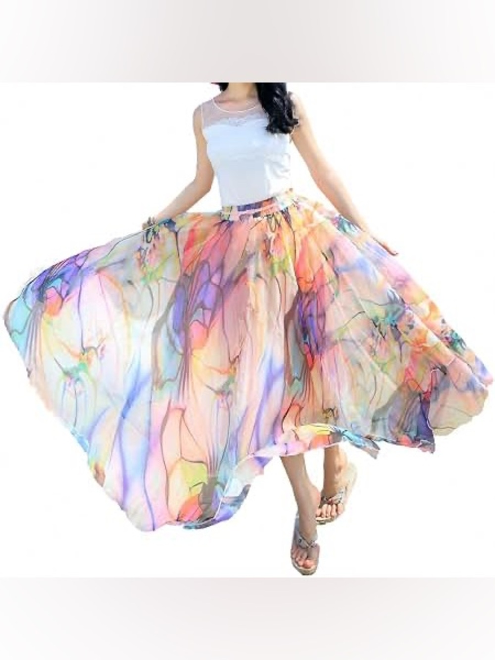 Afibi Colorful Multicolor Watercolor Stretch Ribbon Accent Waistband Maxi Skirt
